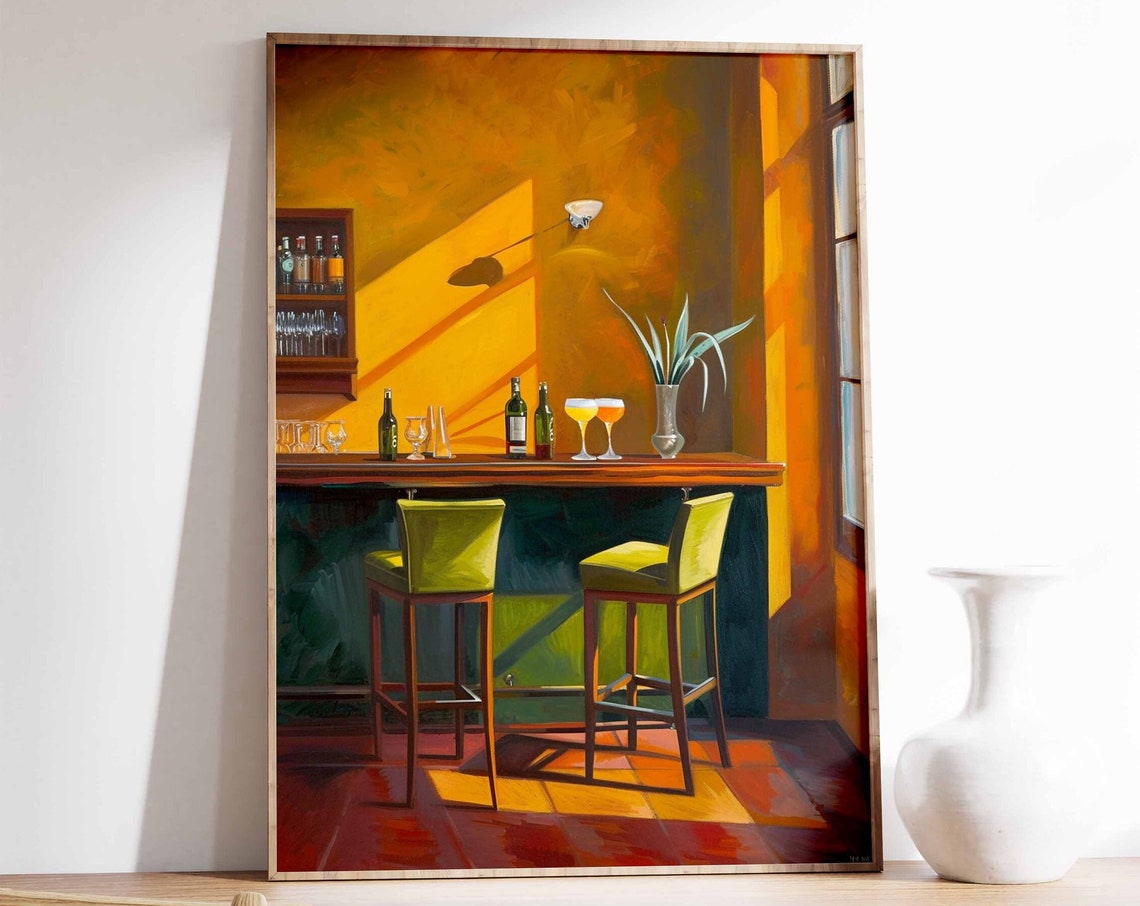 Sunlit Cocktail Bar With Green Stools Golden Hour Bar Scene Art Poster