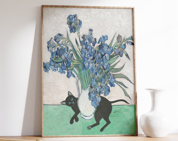 Van Gogh Floral Cat Print Van Gogh Cat Poster Irises By Van Gogh Cat Art Floral Print Animal Poster Animal Gift Wall Art Decor