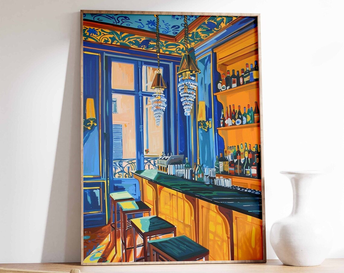 Vintage Cocktail Bar Interior Blue and Gold Chandelier Wall Art
