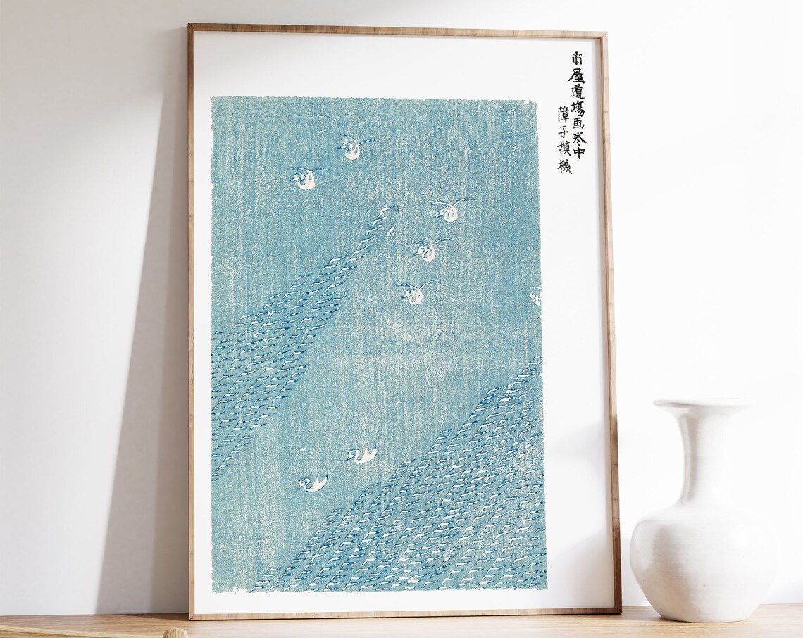 Vintage Japanese Woodblock Blue Lake Bird Print
