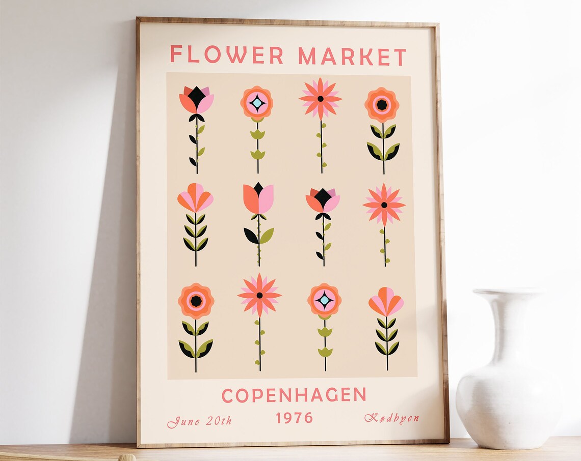 Flower Market Copenhagen 1976 Geometric Floral Art Poster Retro Style
