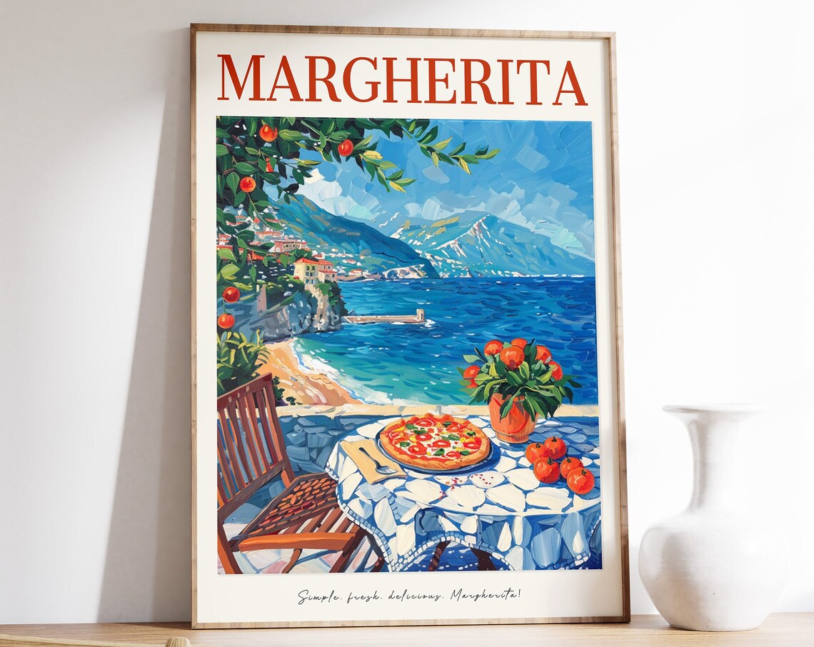 Margherita Pizza Amalfi Coast Seaside Cafe Terrace Food Art Poster