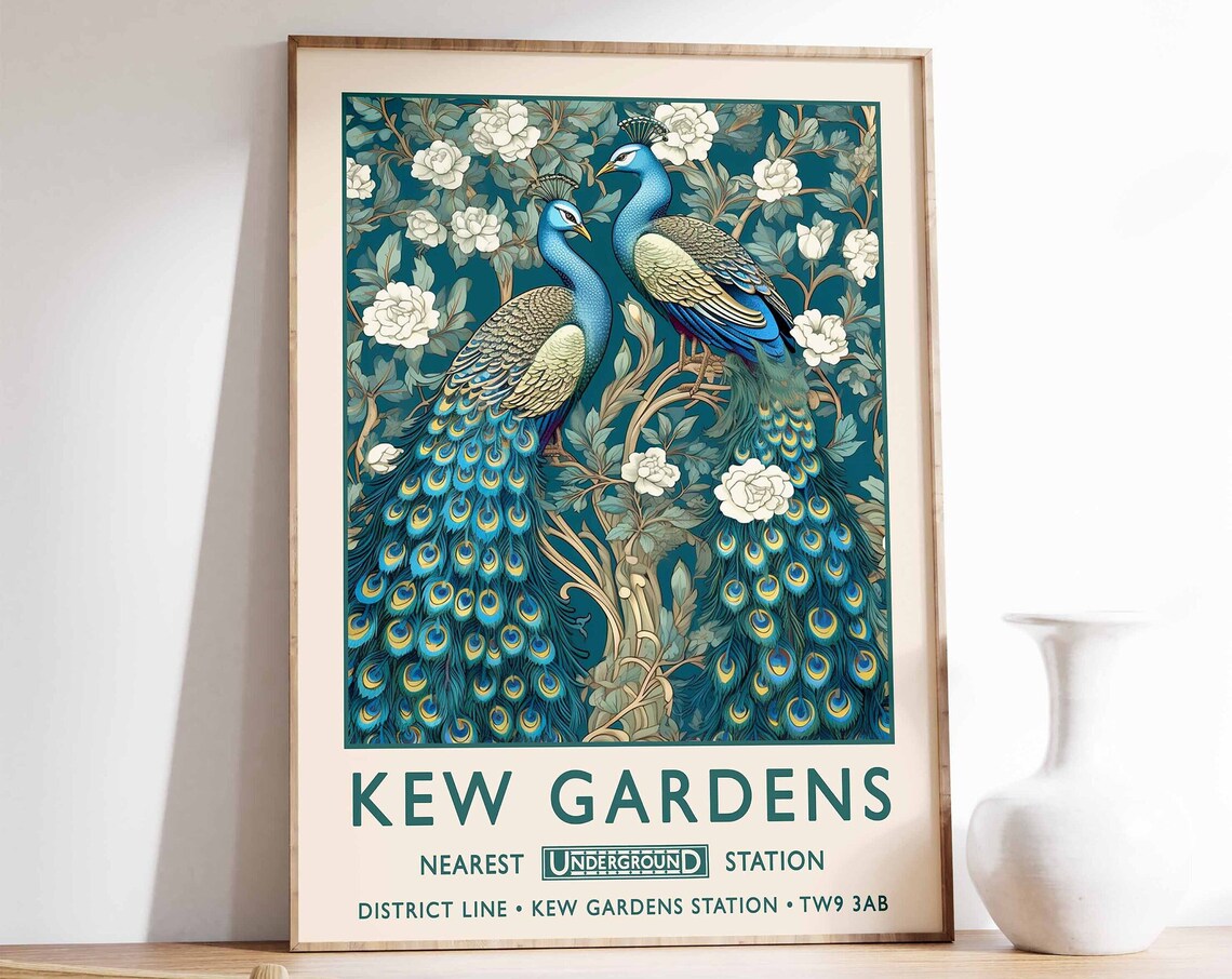Kew Gardens Peacock Print London Underground Art Teal Bird Vintage