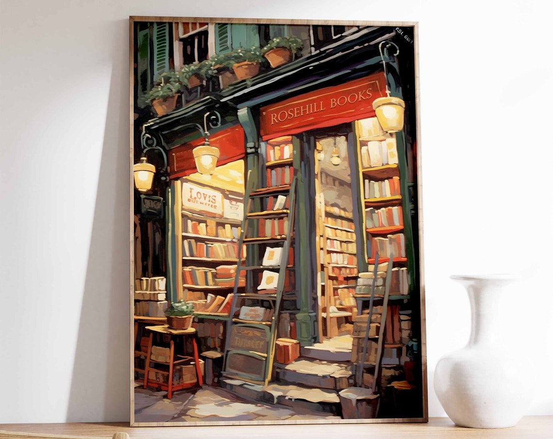 Rosehill Books Vintage Bookshop Storefront Cozy Library Wall Print