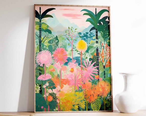 Colorful Tropical Jungle Flowers Pink Blossoms Palm Trees Wall Art