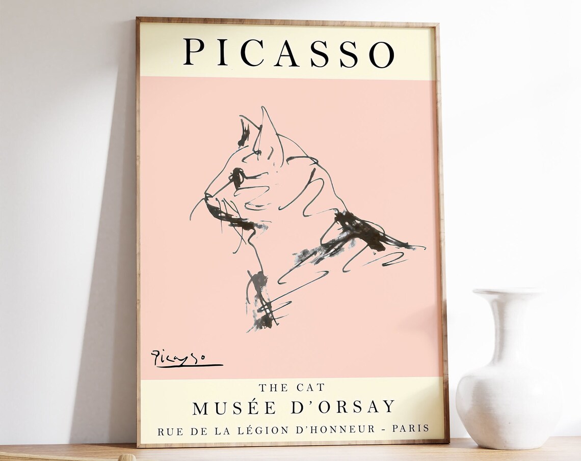 Picasso Exhibition Poster, Vintage Cat Line Drawing