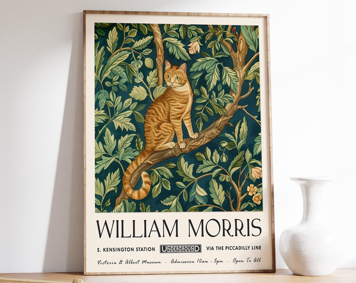 William Morris Cat Print, Floral Cat Art Poster