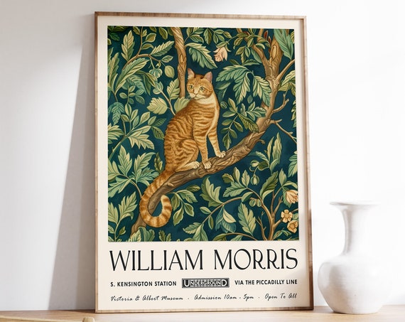 William Morris Cat Print, Floral Cat Art Poster