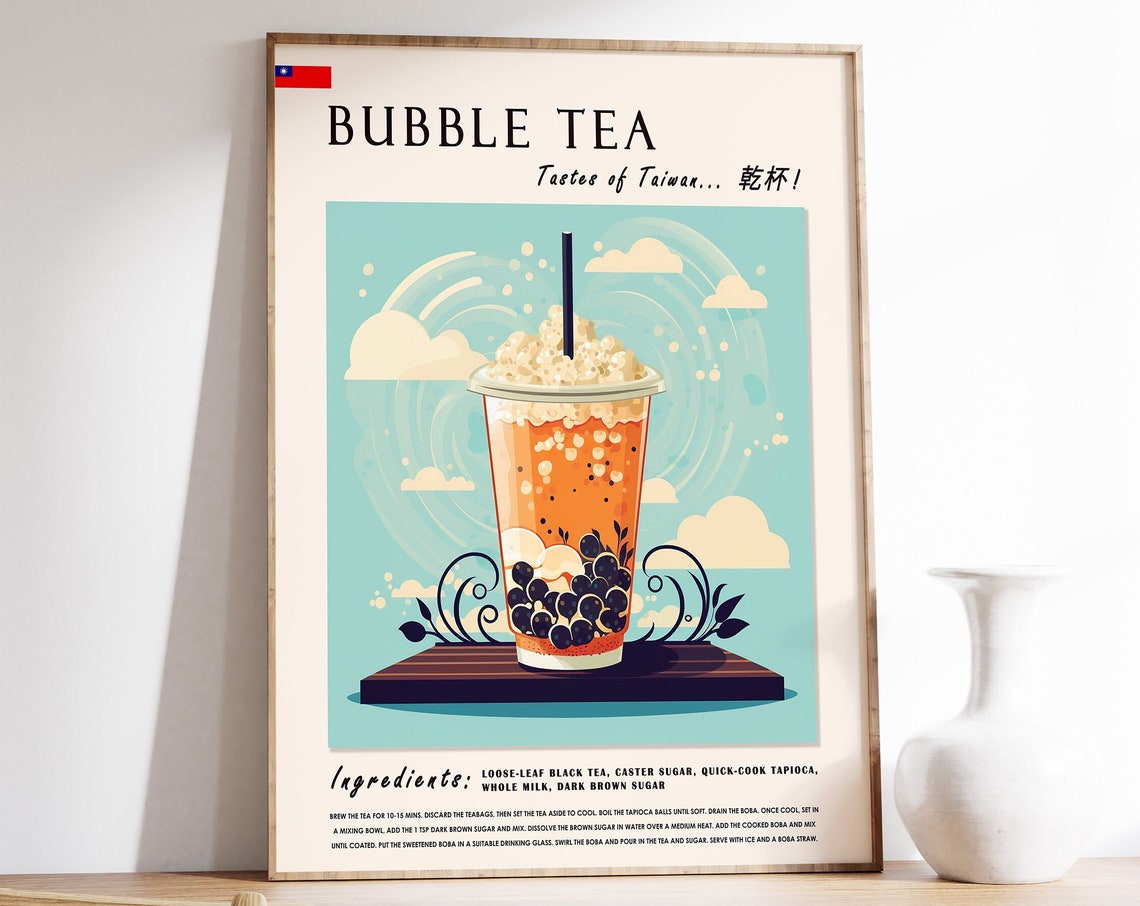 Bubble Tea Taiwan Boba Recipe Retro Kitchen Illustrated Food Poster