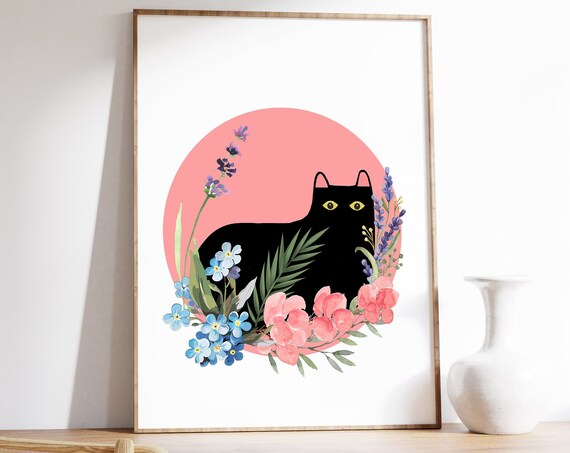 Black Cat Yellow Eyes Pink Floral Watercolor Botanical Poster