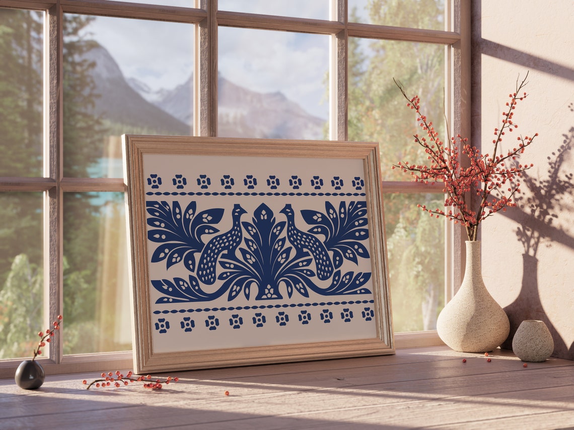 Navy Blue Peacock Folk Art Symmetrical Turkish Style Wall Print - Image 5