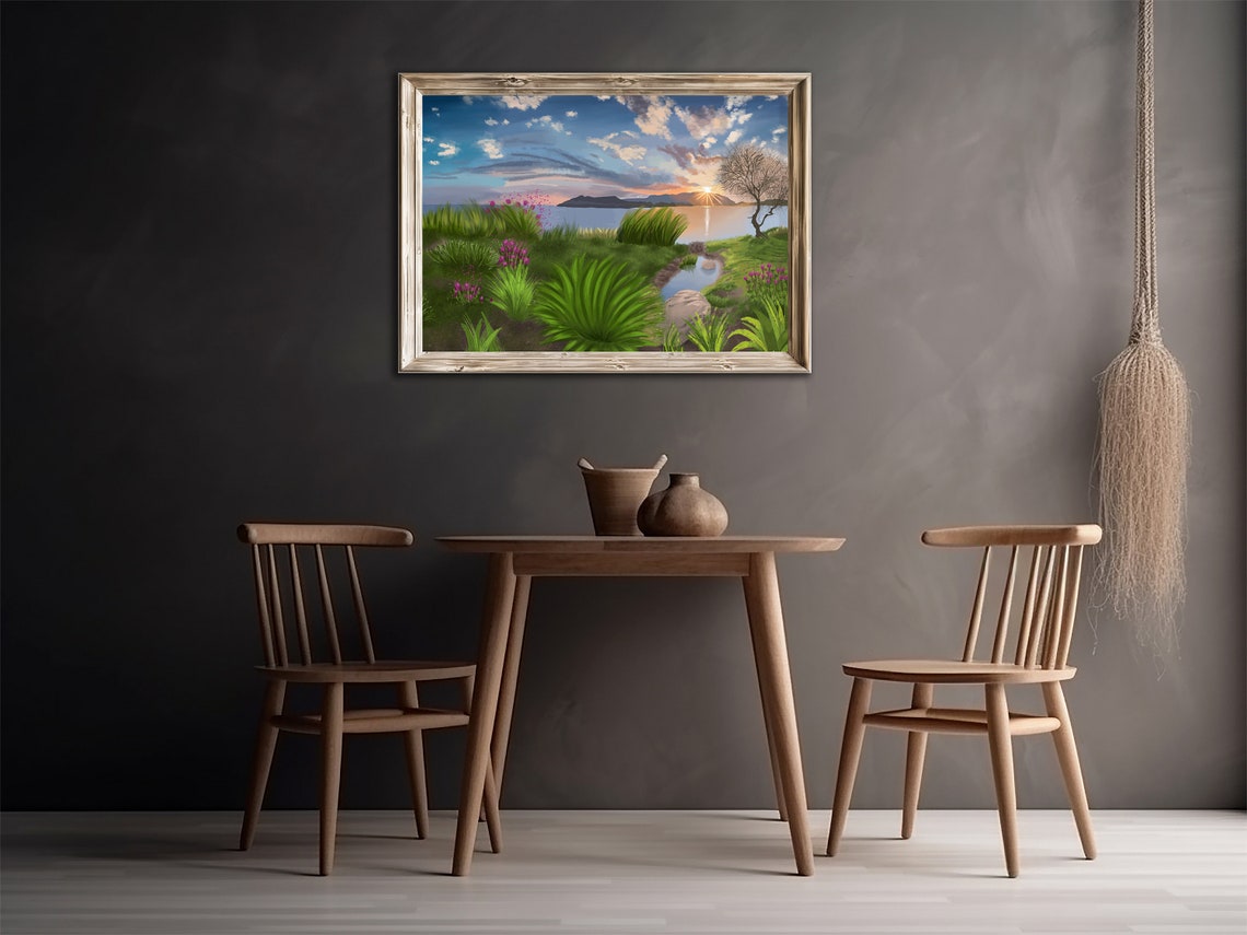 Seaside Sunset Calm Water Green Shore Wildflowers Square Print - Image 2