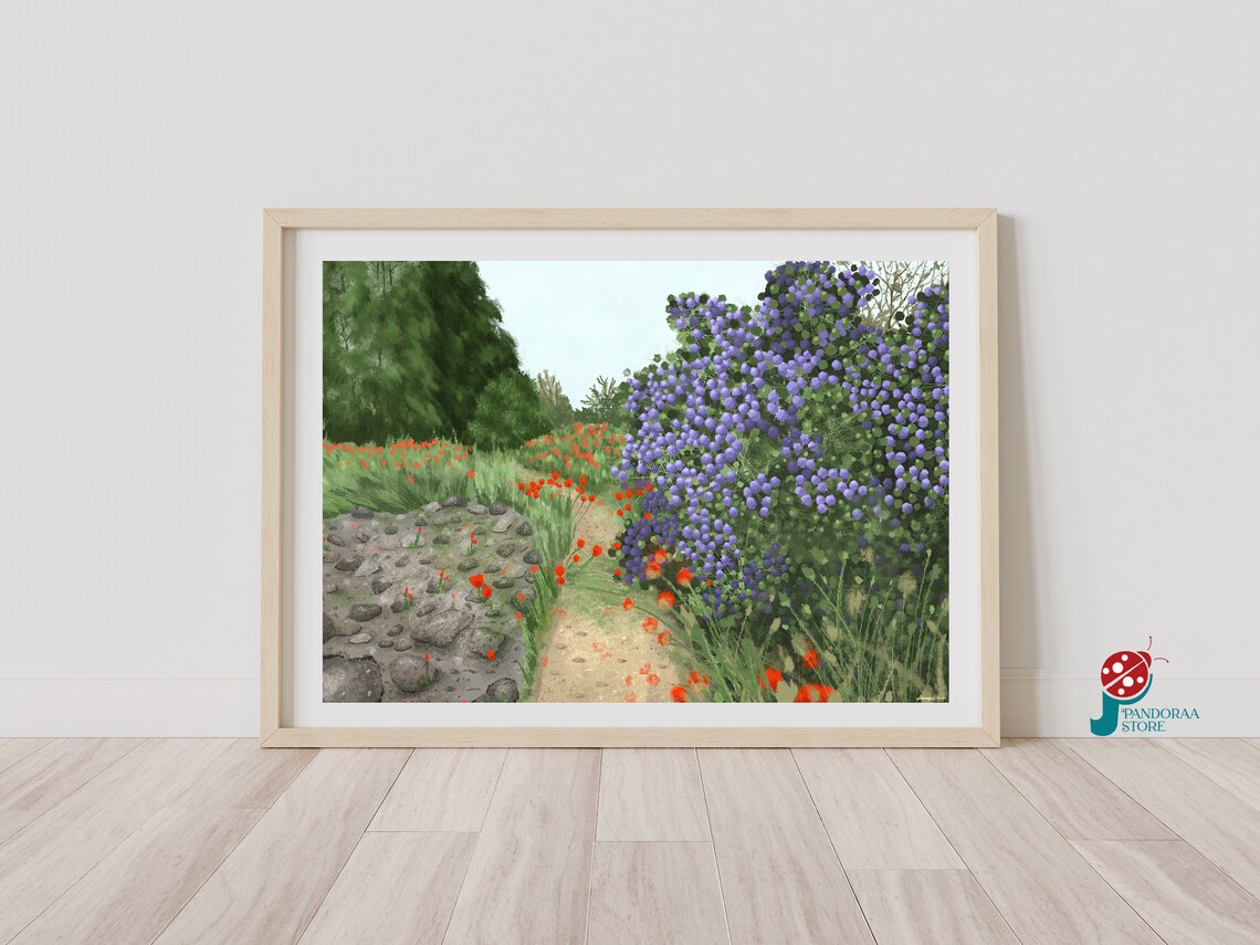 Purple Flowering Bush Red Poppies Forest Path Garden Landscape Print