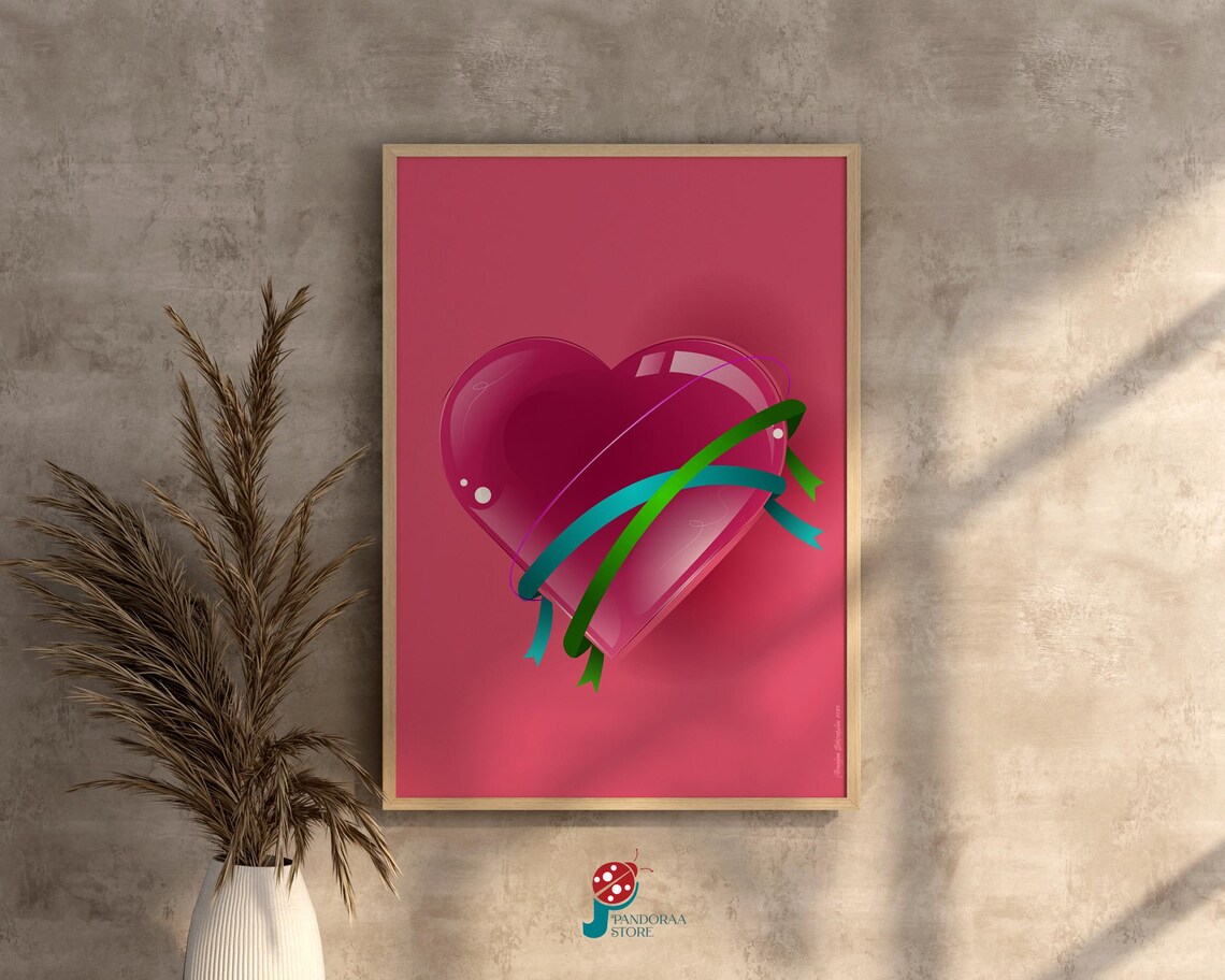 Glossy Glass Pink Heart Wrapped in Green Ribbons Modern Love Poster