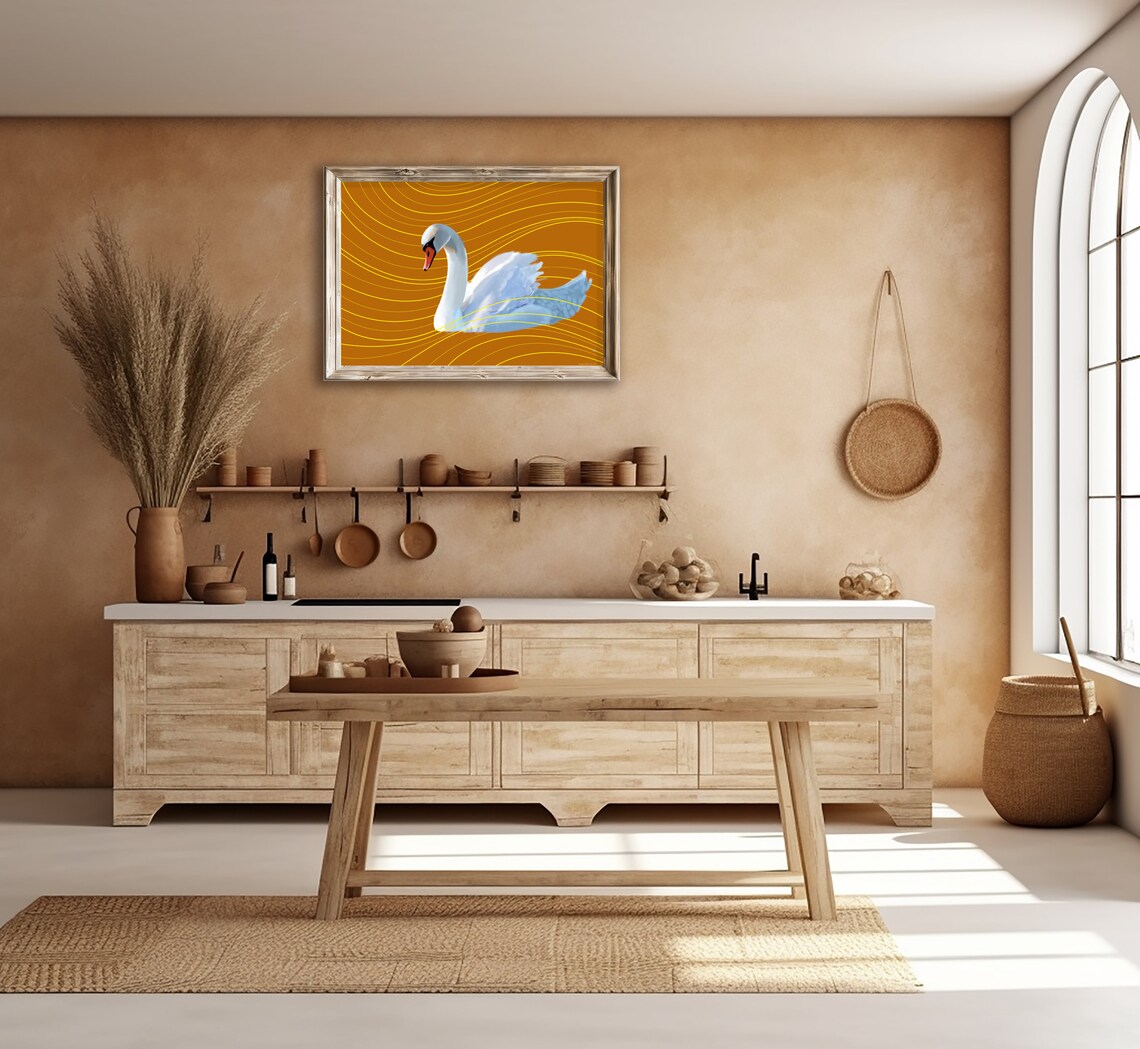 Elegant White Swan on Golden Brown Wavy Line Background Wall Poster - Image 2