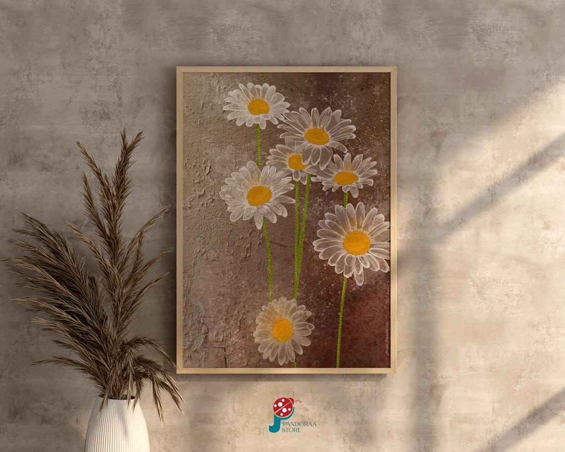 White Daisies Brown Textured Rustic Floral Farmhouse Painting Poster