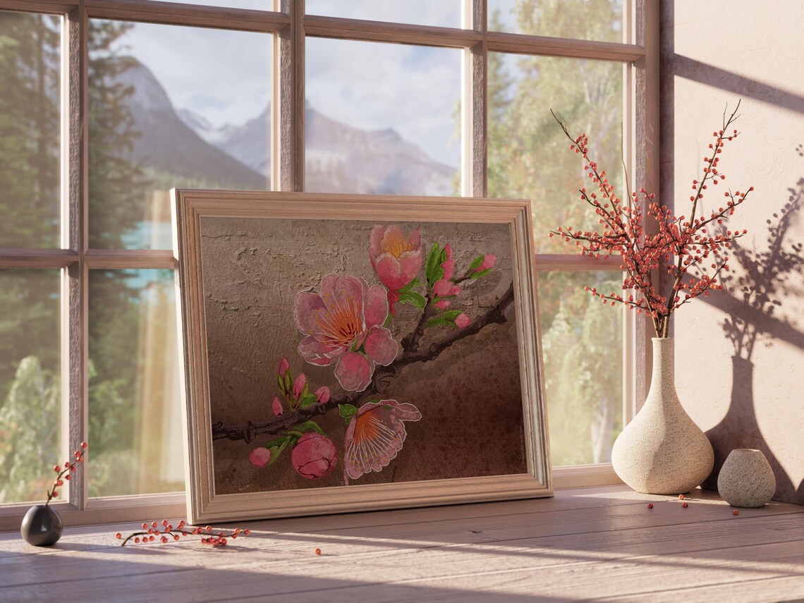 Pink Cherry Blossom Branch Textured Vintage Farmhouse Floral Poster - Image 5