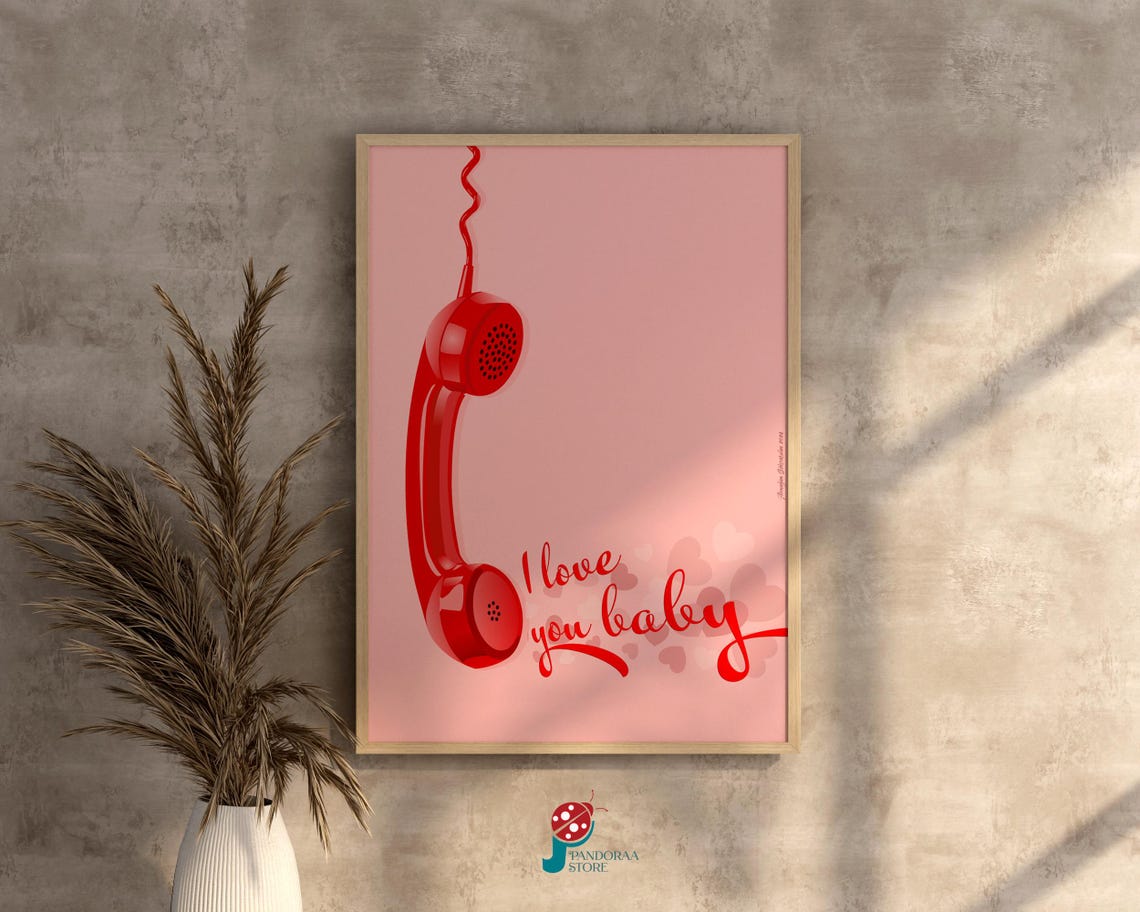 Vintage Retro Red Phone I Love You Baby Script Pink Wall Poster