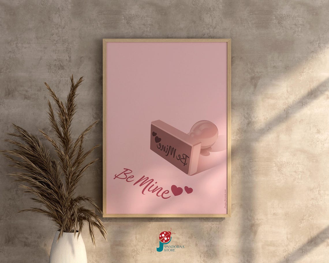 Be Mine Pink Rubber Stamp with Hearts Script on Blush Poster