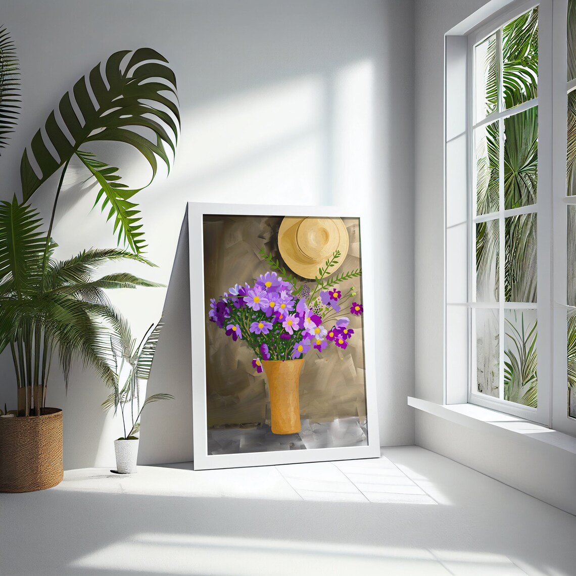 Purple Wildflowers Vase Straw Hat Still Life Oil Painting Wall Art - Image 5