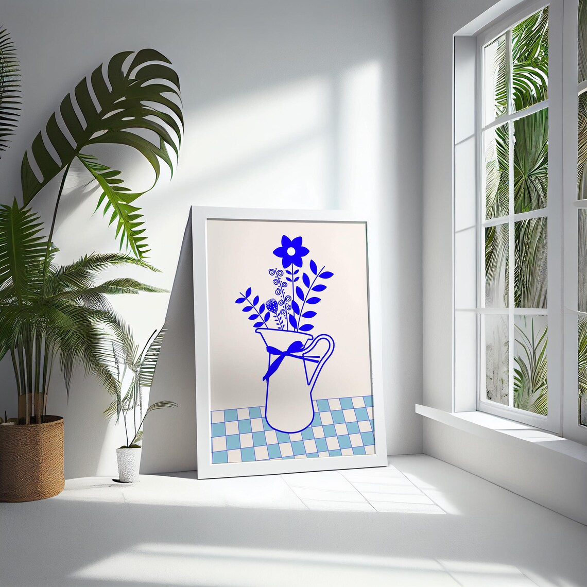 Blue Floral Pitcher Line Art Bouquet Ribbon Modern Kitchen Art Print - Image 5