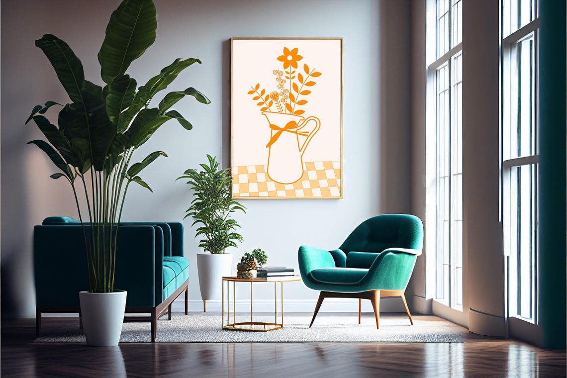 Orange Floral Pitcher Line Art Bouquet Ribbon Modern Kitchen Poster - Image 5