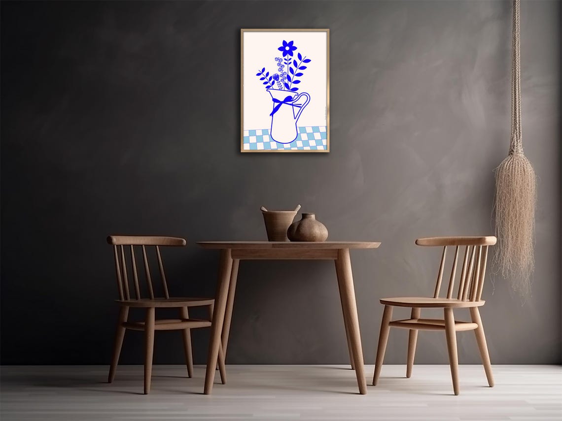 Blue Floral Pitcher Line Art Bouquet Ribbon Modern Kitchen Art Print - Image 3