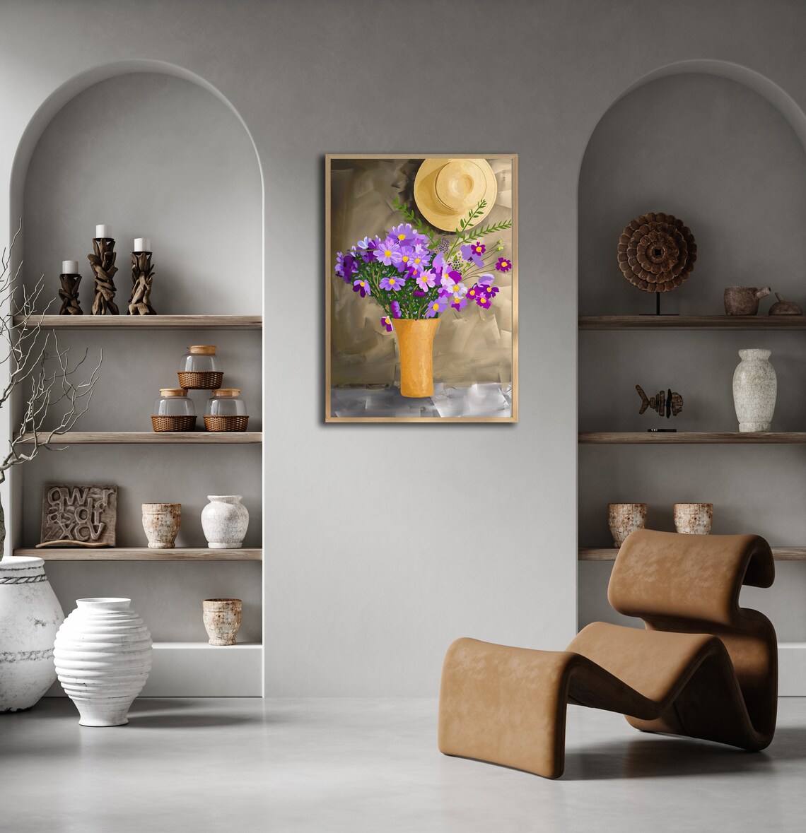 Purple Wildflowers Vase Straw Hat Still Life Oil Painting Wall Art - Image 3
