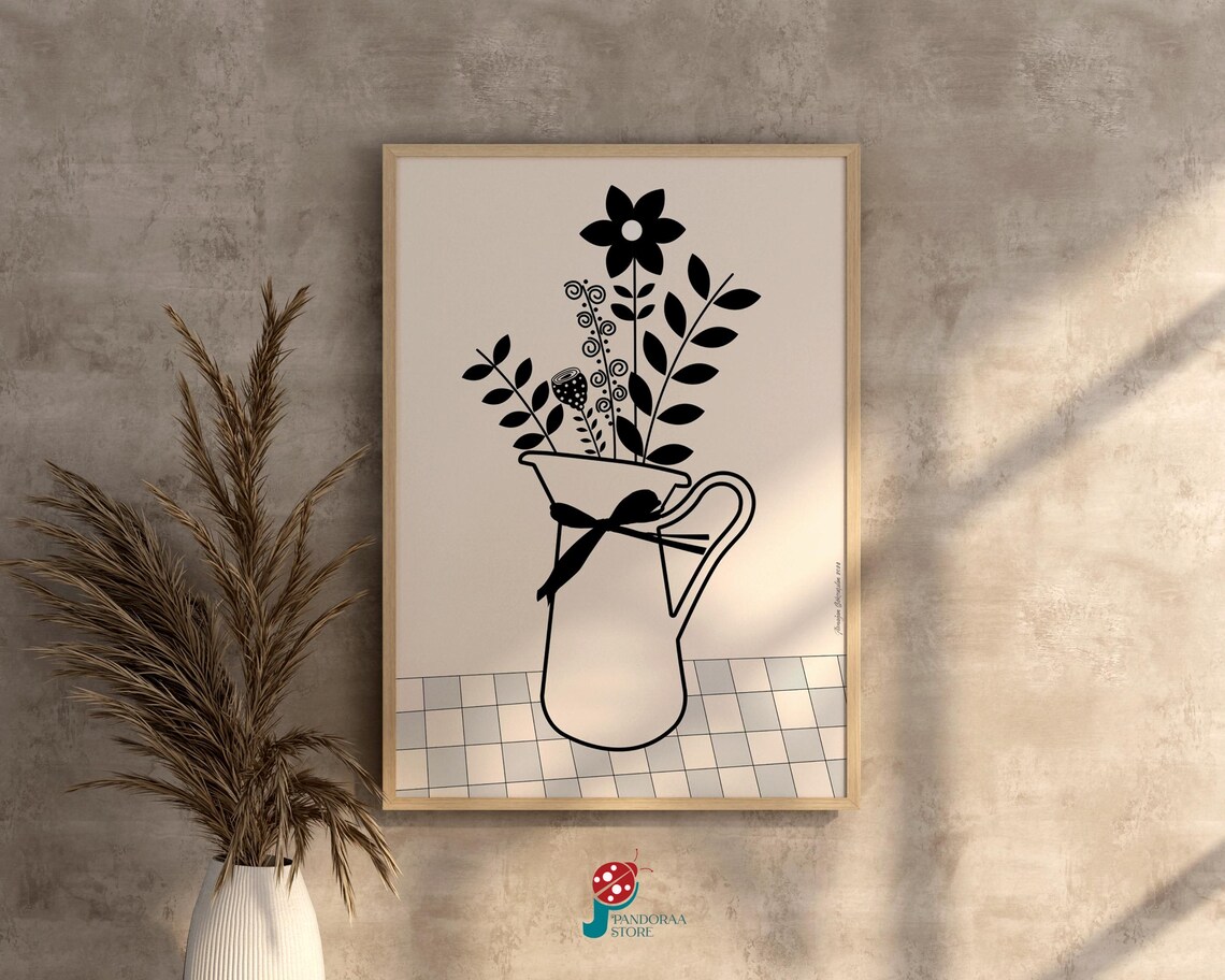 Black Floral Pitcher Line Art Bouquet Ribbon Minimalist Decor Poster