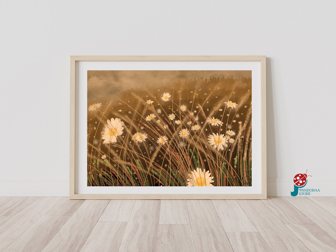 White Daisy Field Warm Brown Sky Vintage Neutral Botanical Art Poster