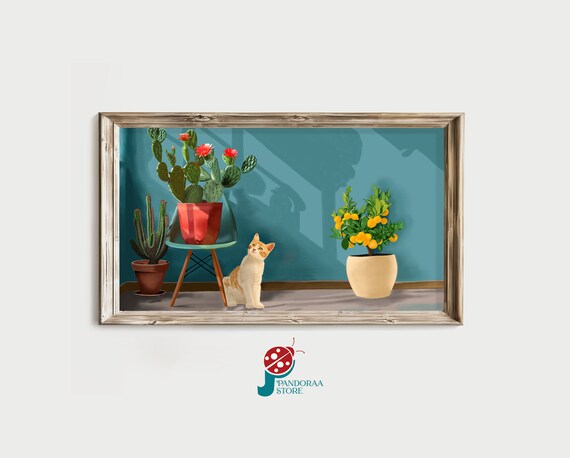 Cute Orange Cat With Cactus Plants Lemon Tree Teal Wall Animal Art Poster