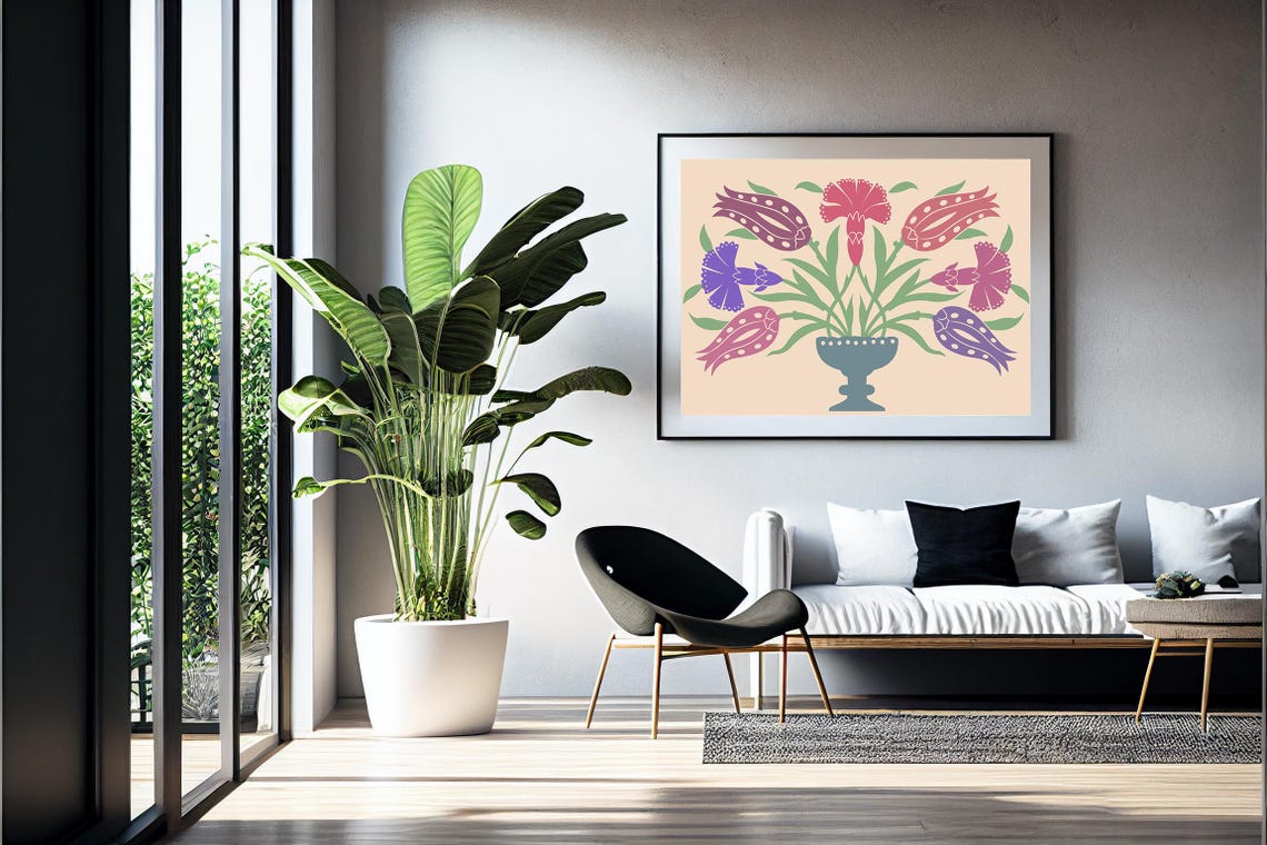 Pastel Tulip Carnation Bouquet Blue Urn Peach Folk Wall Art Print - Image 5