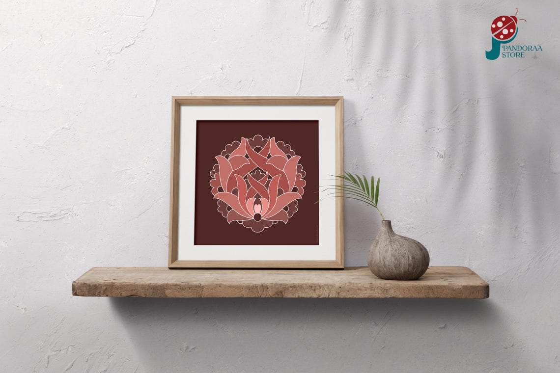 Terracotta Ornamental Floral Medallion Art on Dark Brown Poster - Image 5
