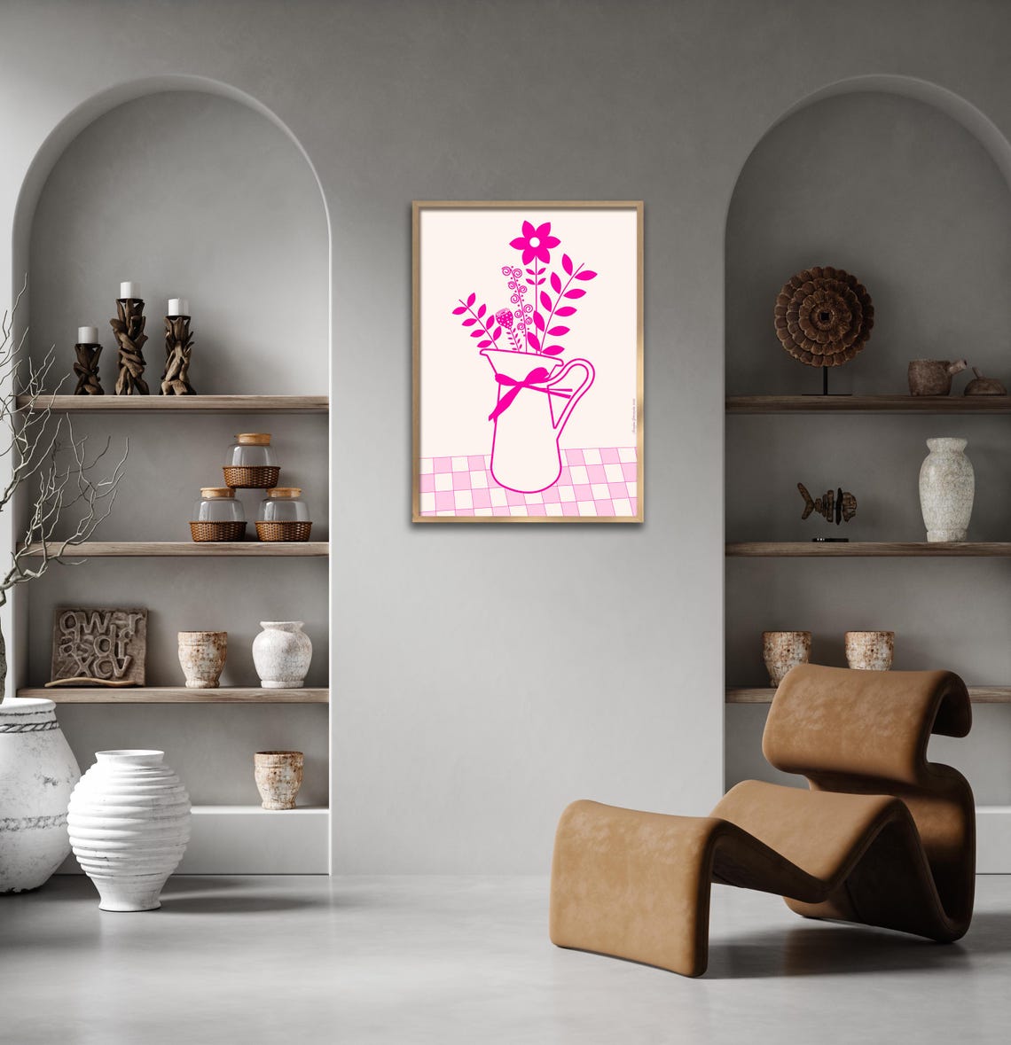 Pink Floral Pitcher Line Art Bouquet Ribbon Farmhouse Kitchen Poster - Image 3