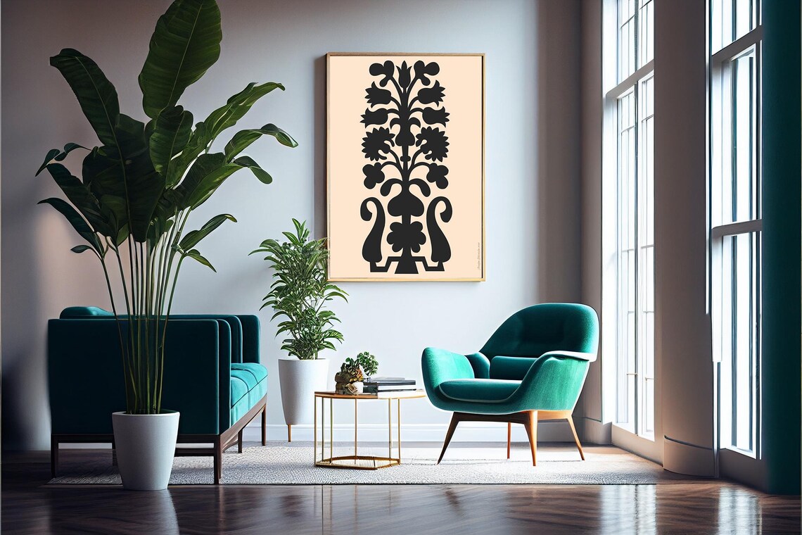 Black Floral Silhouette Folk Art Vase Modern Beige Minimalist Poster - Image 4