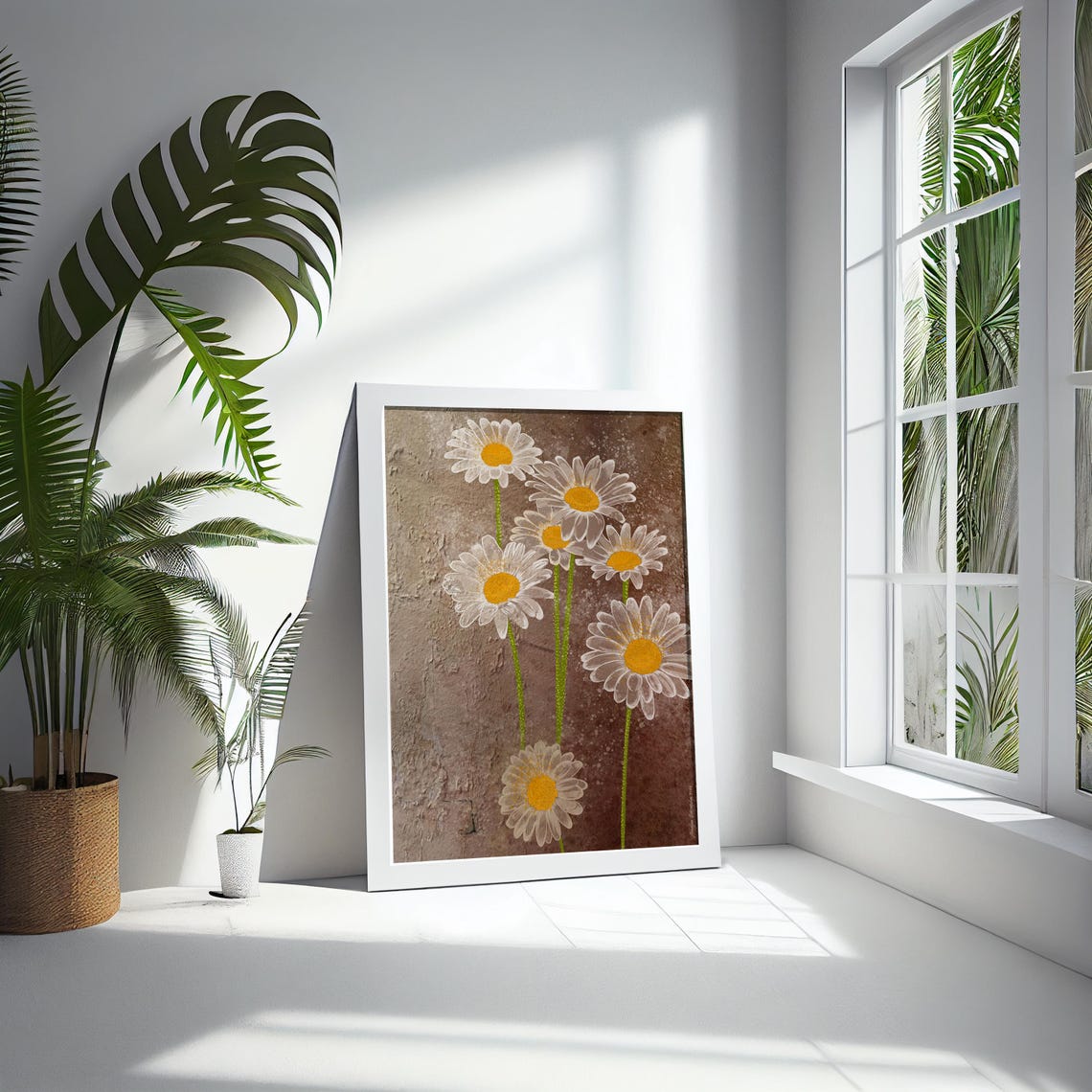 White Daisies Brown Textured Rustic Floral Farmhouse Painting Poster - Image 5