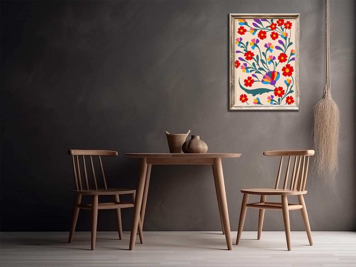 Vibrant Colorful Folk Floral Pattern Red Blossoms Beige Wall Poster - Image 2