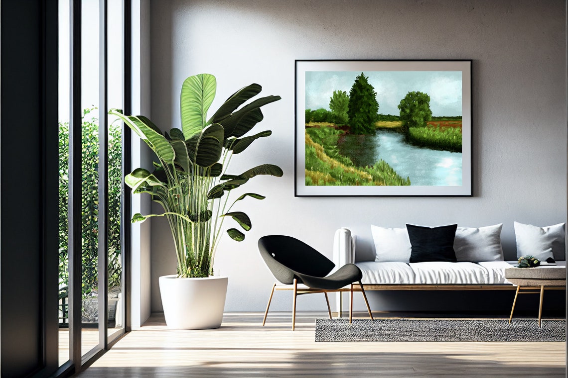 Vintage Lake And Forest Wall Art Landscape Oil Painting Print Green Pastoral Landscape Art Print Jpg Art - Image 2