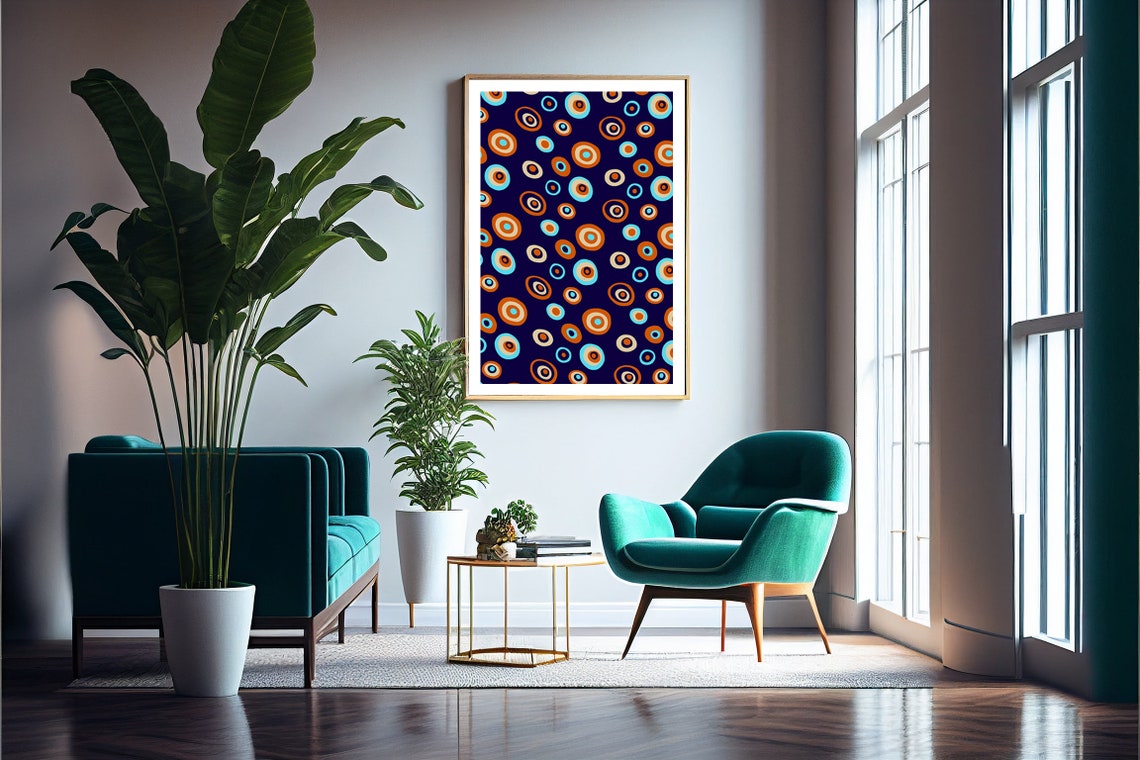 Navy Blue Colorful Circles Abstract Geometric Boho Style Poster - Image 2
