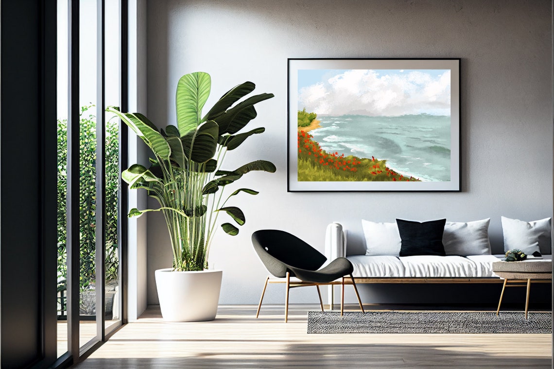 Seaside Cliffs Red Poppies Turquoise Waves Cloudy Sky Coast Poster - Image 2