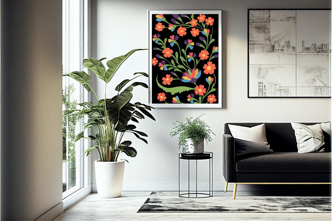 Vibrant Folk Floral Pattern Bright Blossoms on Black Wall Poster - Image 4