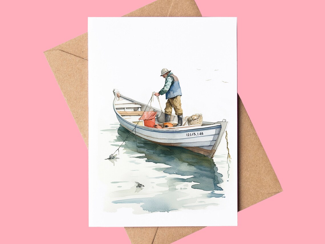 Fisherman Seaside Scene Watercolor Art Print