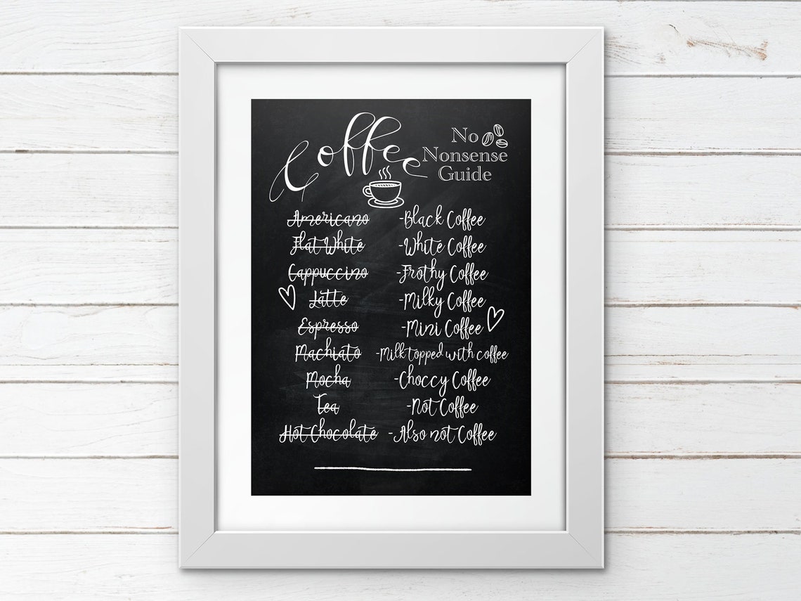 Coffee No Nonsense Guide Chalkboard Kitchen Typography Art Poster