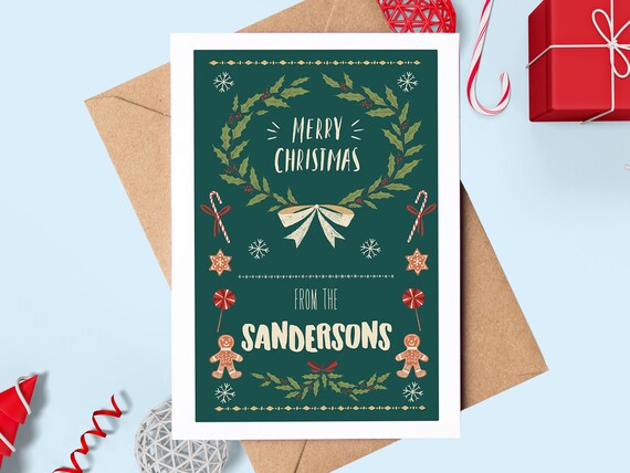 Merry Christmas Personalized Family Poster Folk Art Wreath Card Gift Design