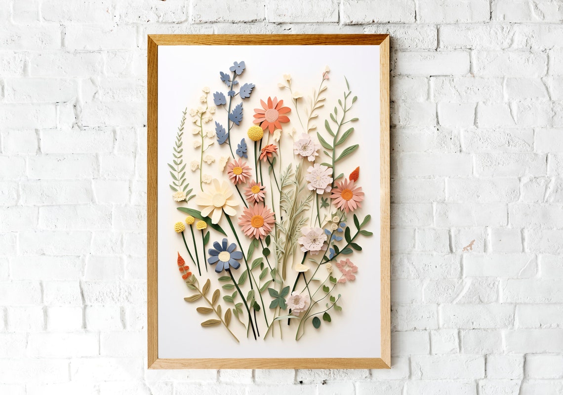 Colorful Pressed Wildflower Daisies Botanical Flat Lay Art Poster - Image 2