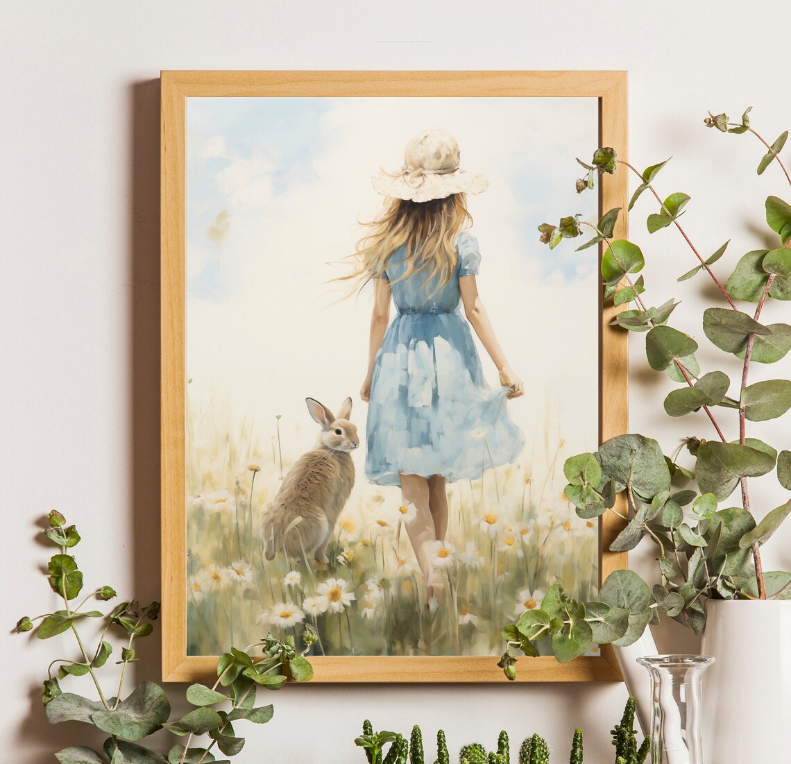 Girl With Bunny Painting, Cottage Easter Art Print