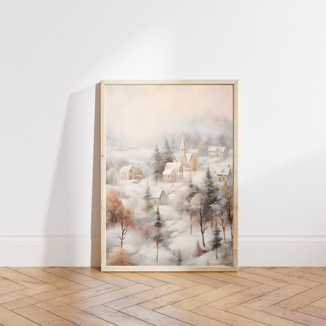 Vintage Winter Village Painting, Country Winter Scene - Image 4