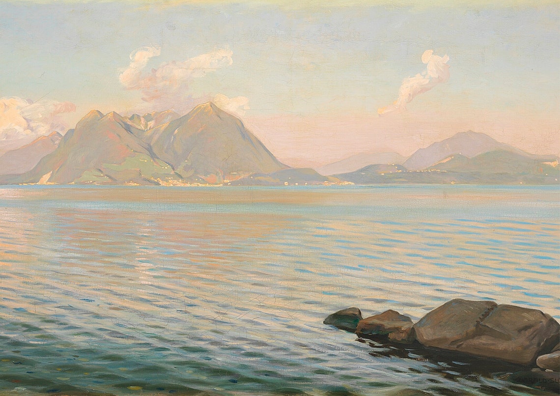 Alpine Lake With Mountain Peaks And Rocks Vintage Painting Poster - Image 7