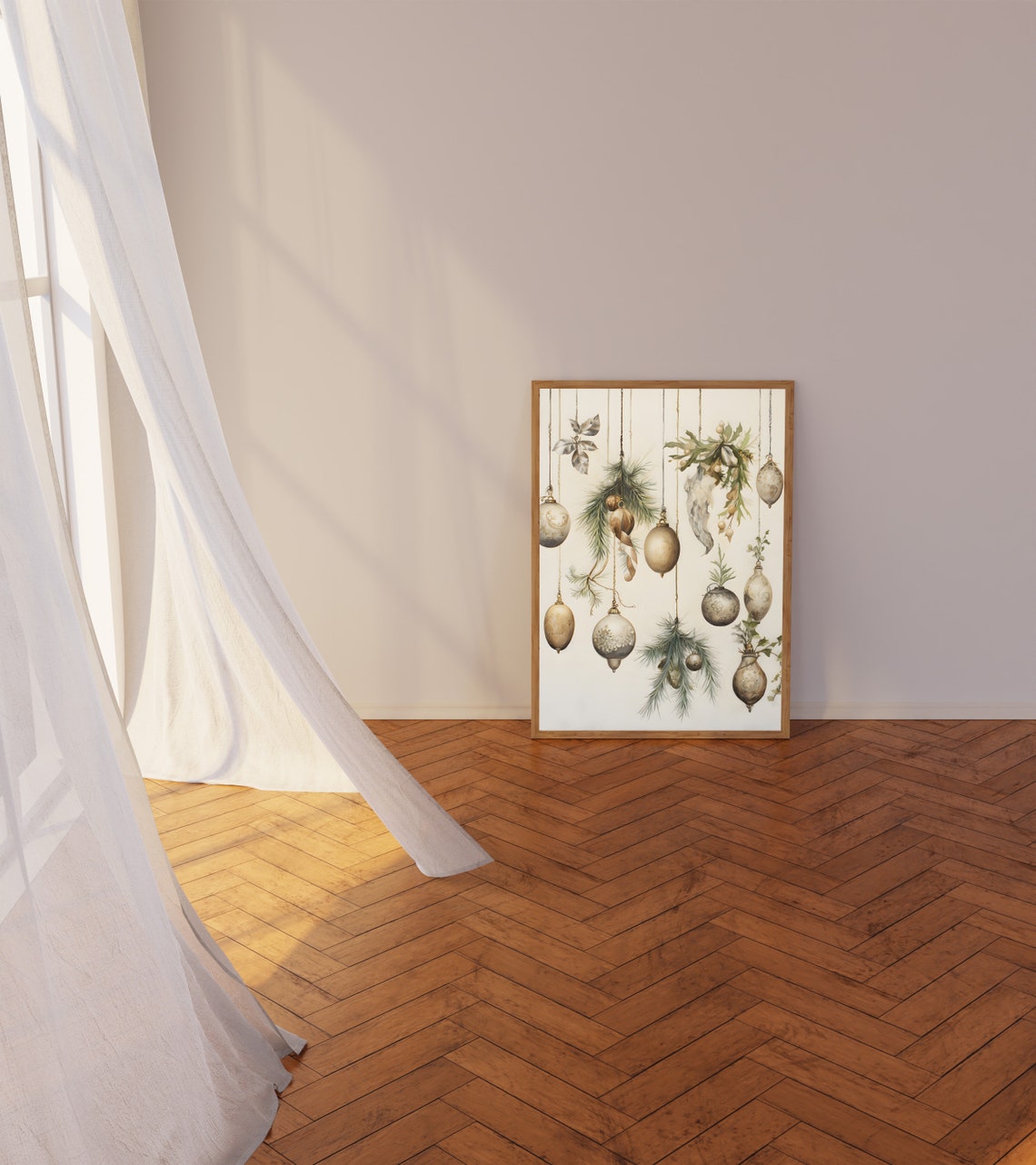 Vintage Ornaments and Dried Greenery Hanging Christmas Holiday Poster - Image 3