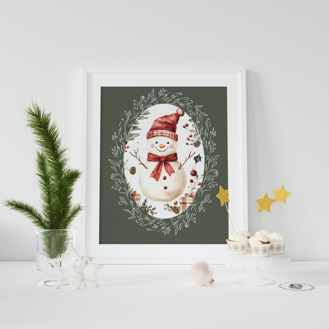 Cute Watercolor Snowman in Red Hat Inside Botanical Oval Frame Poster - Image 5